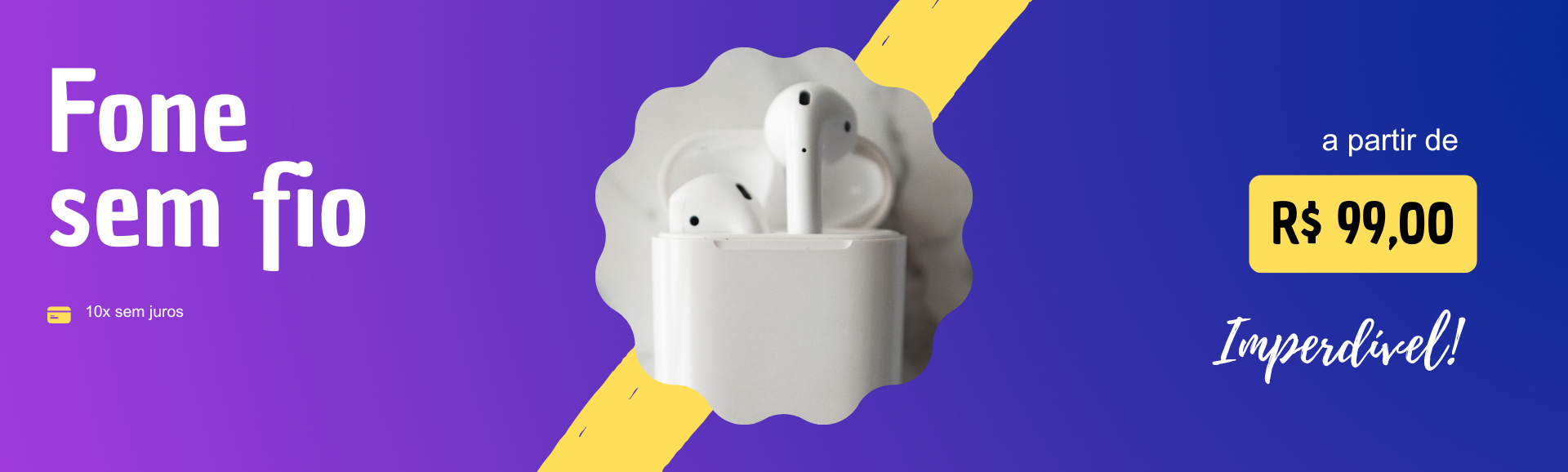 Banner de ecommerce fone sem fio vendas amarelo e roxo